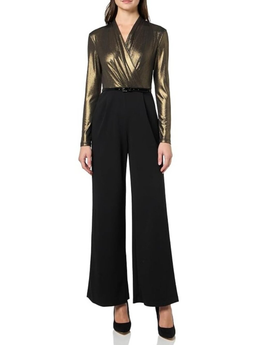 NEW Tommy Hilfiger Women's Long Sleeve Surplice Belt Jumpsuit Size 10 Black Gold